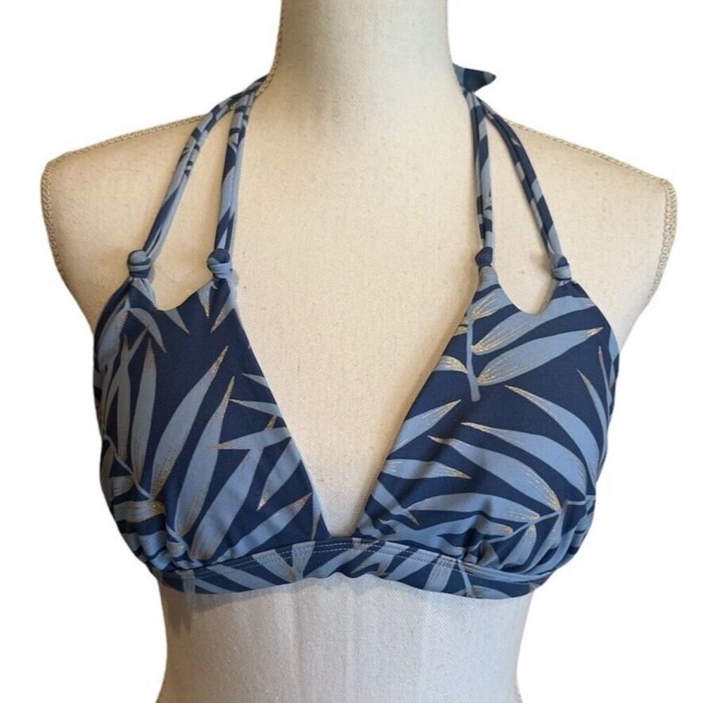 XHILARATION Women’s L Blue Knotted Triangle Palm Bikini Top Metallic Accent